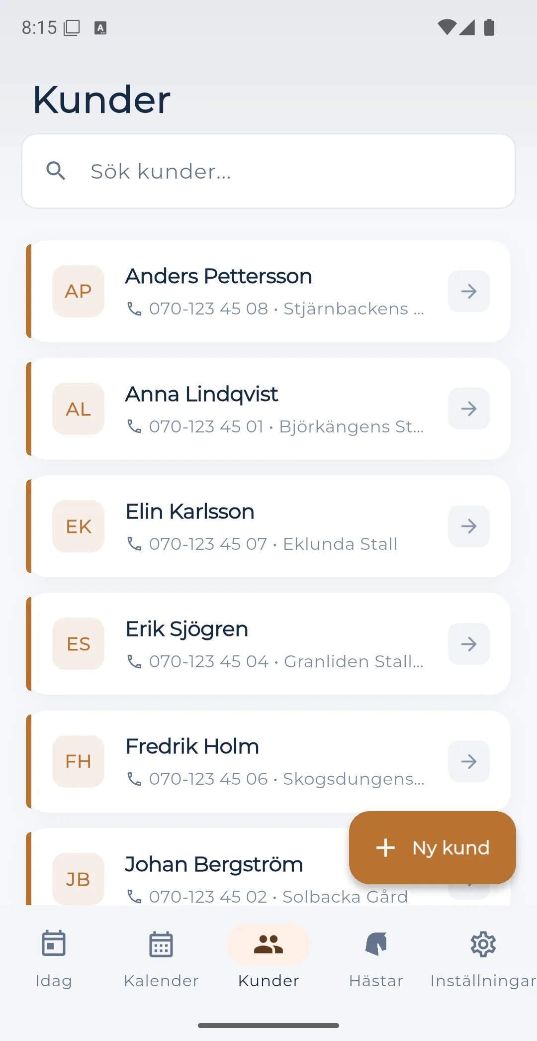 Skärmen för steget Kund & häst