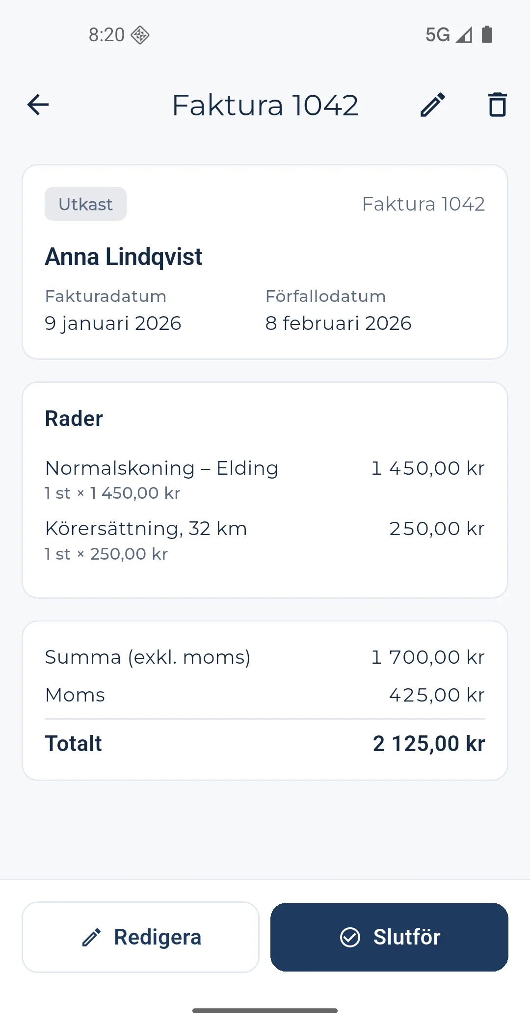 Fakturautkast redo att granskas