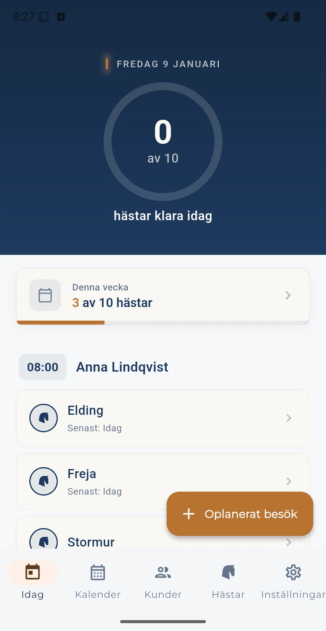Idag-skärmen med dagens hästar